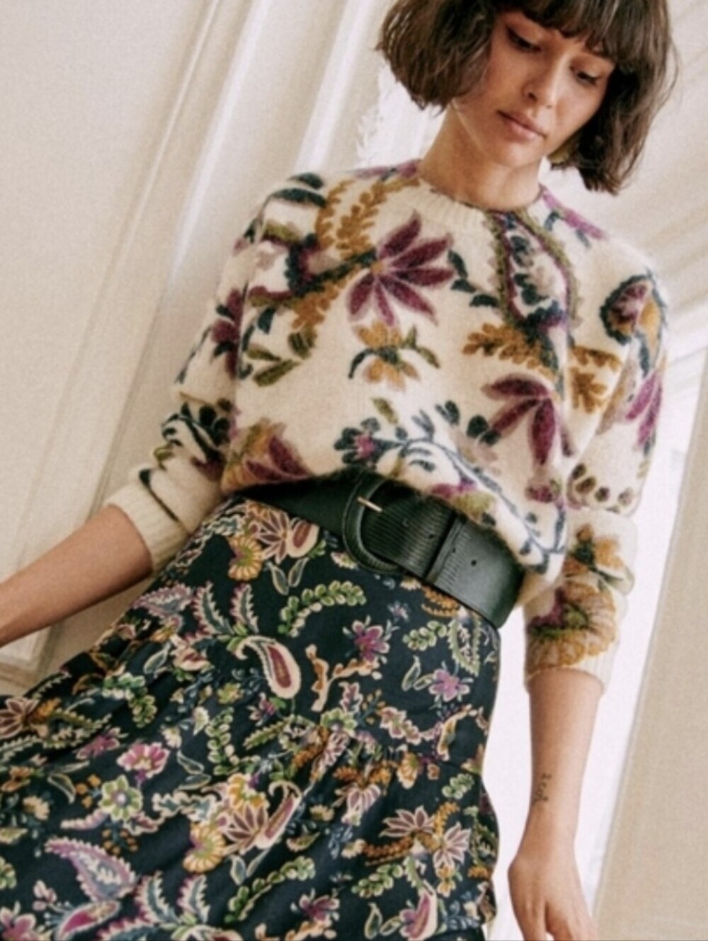 Sezane Masha Belt Embossed Leather Dark Green 80 NWT